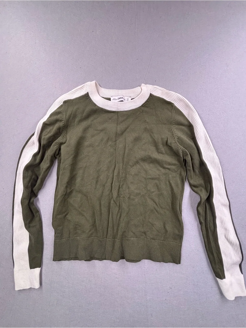 Zara Olive Green Crewneck Sweater with Cream Sleeve‎ Stripes